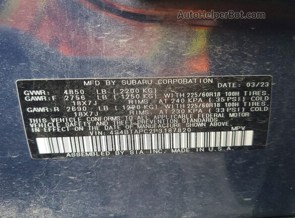 4S4BTAPC2P3187820 2023 SUBARU OUTBACK Blue VIN կոդի պիտակի տեսք