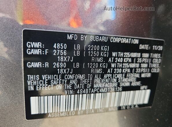 4S4BTAPC4M3136136 2021 SUBARU OUTBACK Gray 