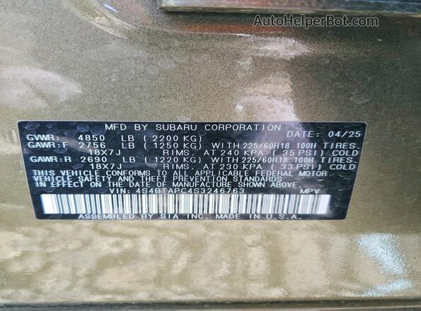 4S4BTAPC4S3246763 2025 SUBARU OUTBACK Green VIN կոդի պիտակի տեսք