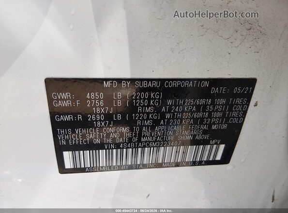4S4BTAPC6M3223407 2021 SUBARU OUTBACK Белый Вид подкапотного пространства