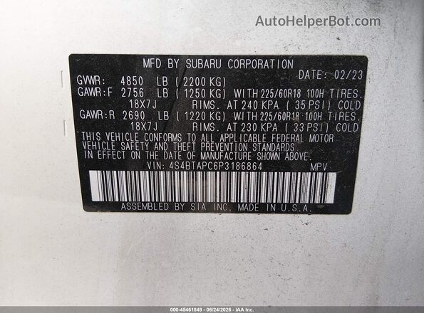 4S4BTAPC6P3186864 2023 SUBARU OUTBACK White Vista del compartimento del motor
