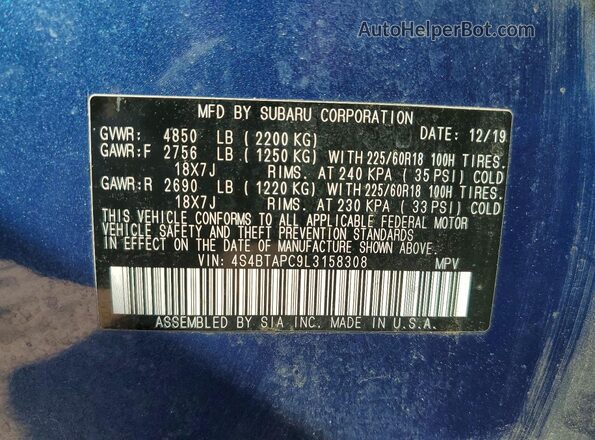 4S4BTAPC9L3158308 2020 SUBARU OUTBACK Синий Вид наклейки с VIN-кодом