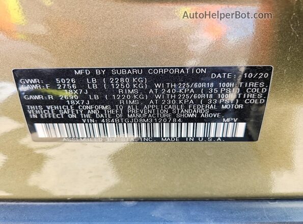 4S4BTGJD8M3120784 2021 SUBARU OUTBACK Green 
