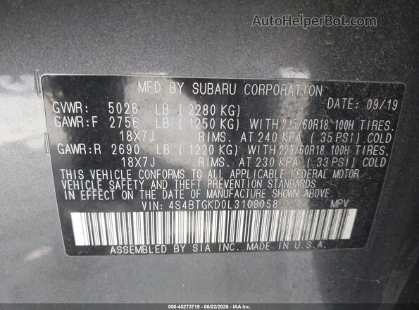 4S4BTGKD0L3108058 2020 SUBARU OUTBACK Gray Շարժիչի բաժամունքի տեսք