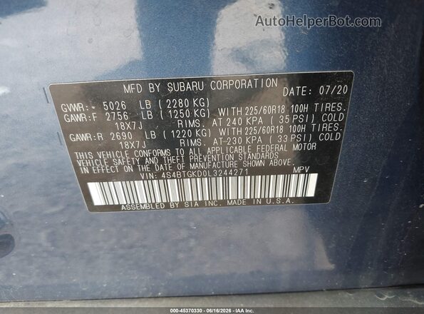 4S4BTGKD0L3244271 2020 SUBARU OUTBACK Blue ძრავის განყოფილების ხედი