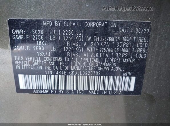 4S4BTGKD3L3228789 2020 SUBARU OUTBACK Green Vista del compartimento del motor