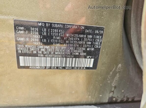 4S4BTGKD4L3218658 2020 SUBARU OUTBACK Green Widok komory silnika