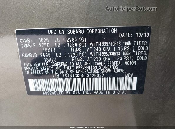 4S4BTGKD5L3128032 2020 SUBARU OUTBACK Green Vista del compartimento del motor
