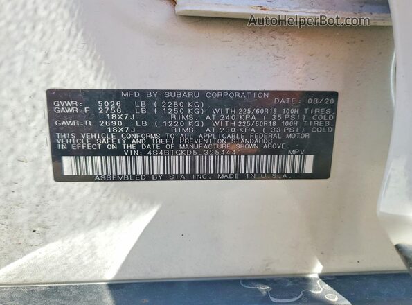 4S4BTGKD5L3254441 2020 SUBARU OUTBACK White VIN კოდის სტიკერის ხედი