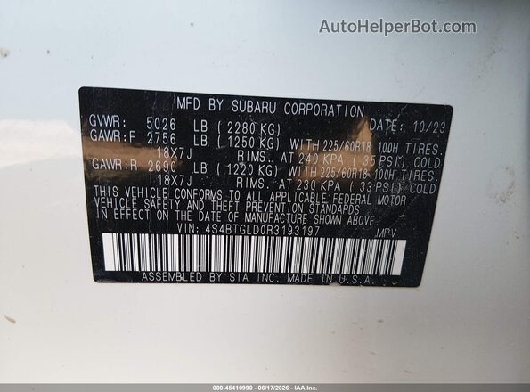 4S4BTGLD0R3193197 2024 SUBARU OUTBACK Белый Вид подкапотного пространства