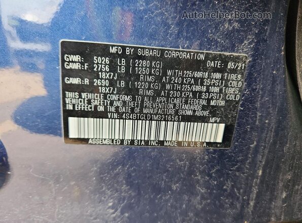 4S4BTGLD1M3216561 2021 SUBARU OUTBACK Blue Вид підкапотного простору