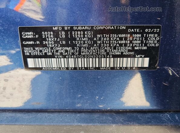 4S4BTGLD2N3205148 2022 SUBARU OUTBACK Blue Vista de la etiqueta del VIN