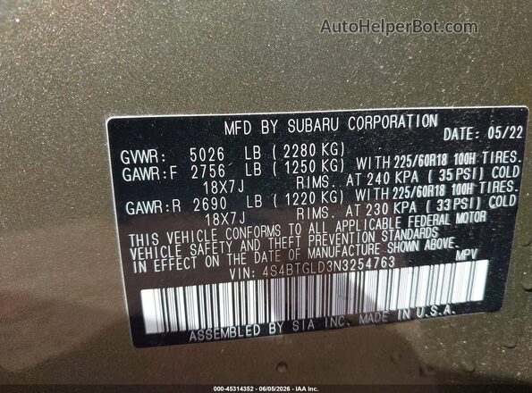 4S4BTGLD3N3254763 2022 SUBARU OUTBACK Green Engine compartment view