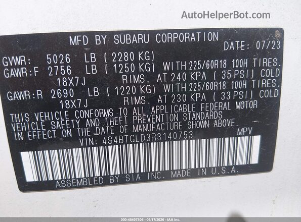 4S4BTGLD3R3140753 2024 SUBARU OUTBACK White Vista del compartimento del motor