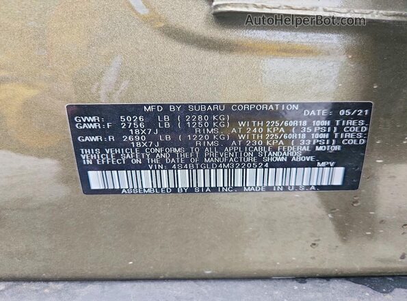4S4BTGLD4M3220524 2021 SUBARU OUTBACK Green Vista de la etiqueta del VIN