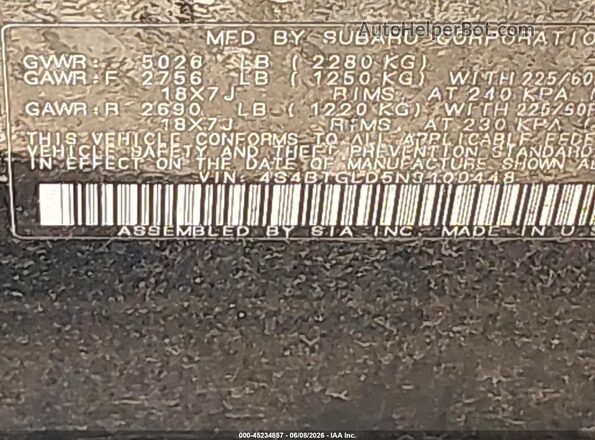 4S4BTGLD5N3109448 2022 SUBARU OUTBACK Black 