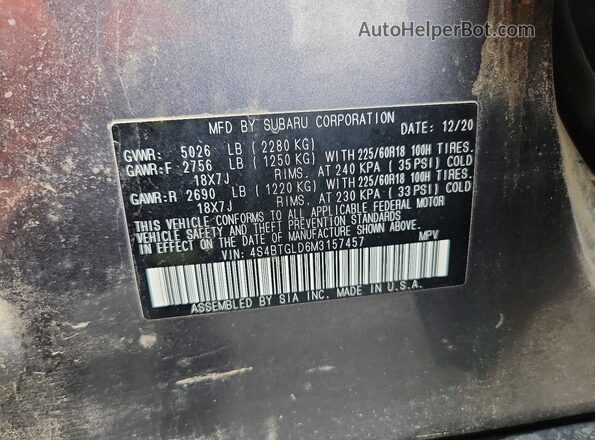 4S4BTGLD6M3157457 2021 SUBARU OUTBACK Gray VIN sticker view