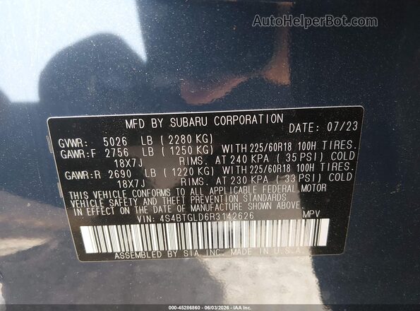 4S4BTGLD6R3142626 2024 SUBARU OUTBACK Navy Вид подкапотного пространства