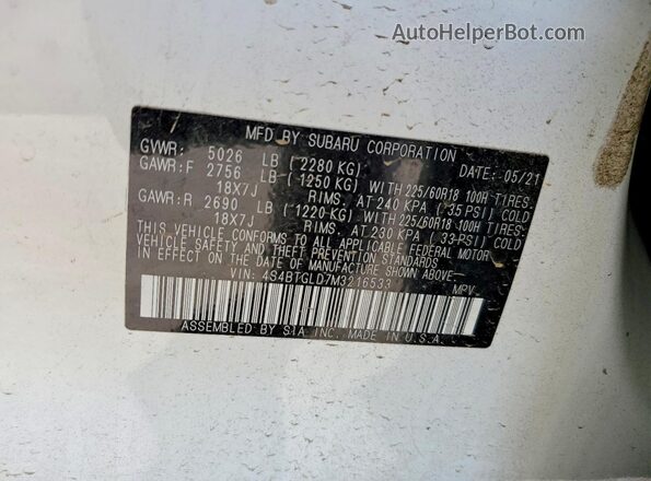 4S4BTGLD7M3216533 2021 SUBARU OUTBACK White 360 interior view