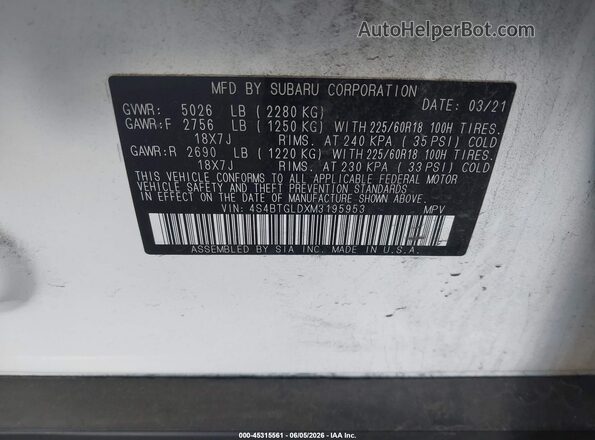 4S4BTGLDXM3195953 2021 SUBARU OUTBACK White Widok komory silnika