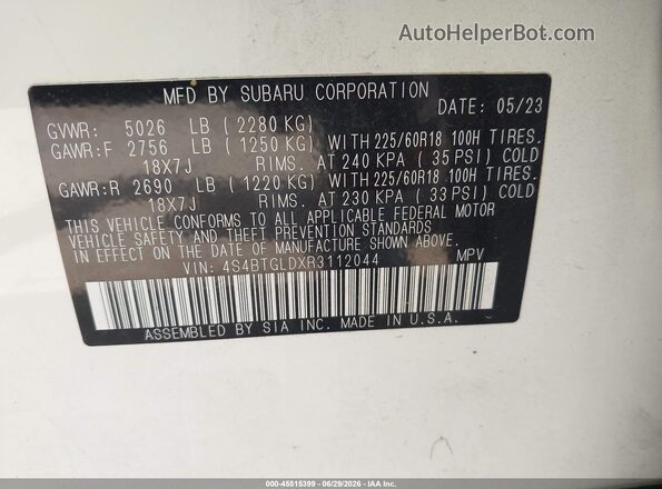 4S4BTGLDXR3112044 2024 SUBARU OUTBACK White Engine compartment view