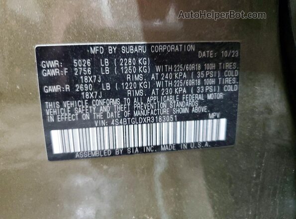 4S4BTGLDXR3183051 2024 SUBARU OUTBACK Green Widok naklejki z numerem VIN