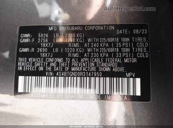 4S4BTGND0R3147950 2024 SUBARU OUTBACK Серый Вид подкапотного пространства