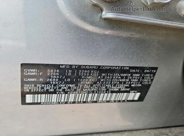 4S4BTGND1L3100613 2020 SUBARU OUTBACK Silver Engine compartment view