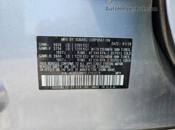 4S4BTGND5L3163276 2020 SUBARU OUTBACK Silver Вид наклейки з VIN-кодом