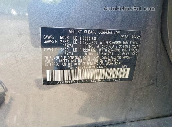 4S4BTGND7N3248400 2022 SUBARU OUTBACK Gray Vista del compartimento del motor