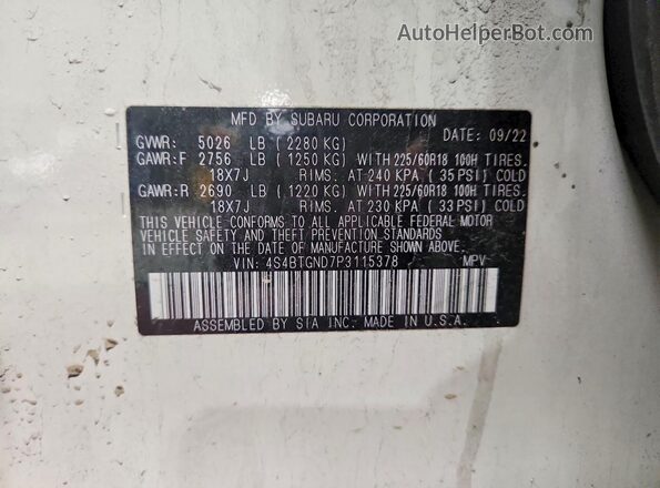 4S4BTGND7P3115378 2023 SUBARU OUTBACK White Widok naklejki z numerem VIN