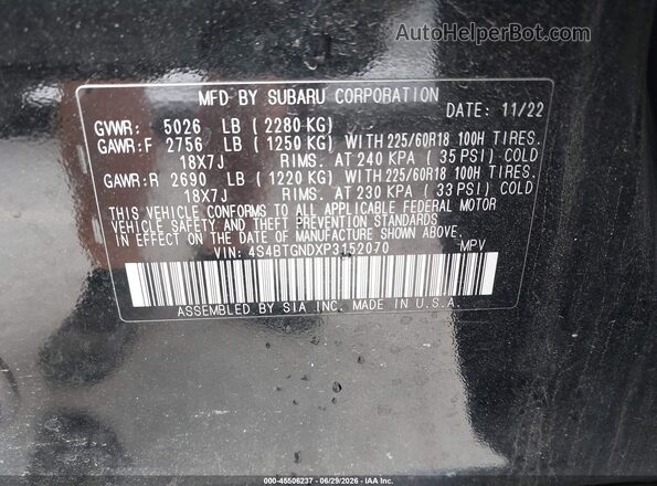 4S4BTGNDXP3152070 2023 SUBARU OUTBACK Black Вид підкапотного простору