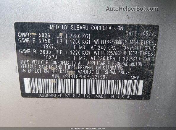 4S4BTGPD0P3224987 2023 SUBARU OUTBACK Gray Engine compartment view