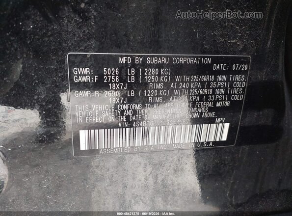 4S4BTGPD1L3244367 2020 SUBARU OUTBACK Black Вид підкапотного простору