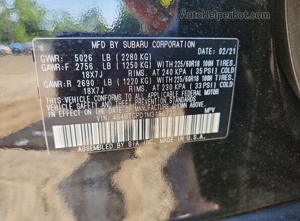 4S4BTGPD1M3180722 2021 SUBARU OUTBACK Black 
