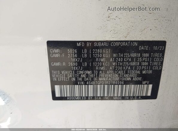 4S4BTGPD1R3184096 2024 SUBARU OUTBACK White Vista del compartimento del motor