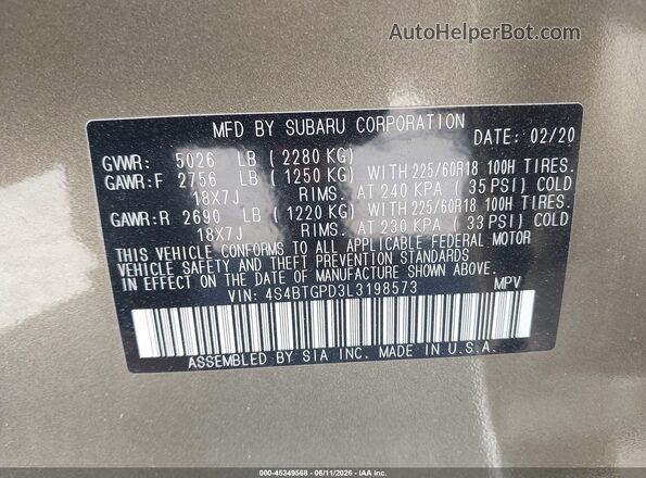 4S4BTGPD3L3198573 2020 SUBARU OUTBACK Green Շարժիչի բաժամունքի տեսք
