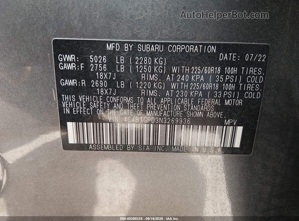 4S4BTGPD3N3269936 2022 SUBARU OUTBACK Gray Engine compartment view