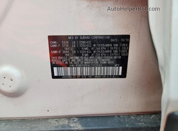 4S4BTGPD4L3122649 2020 SUBARU OUTBACK White Շարժիչի բաժամունքի տեսք
