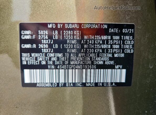4S4BTGPD4M3192606 2021 SUBARU OUTBACK Green 