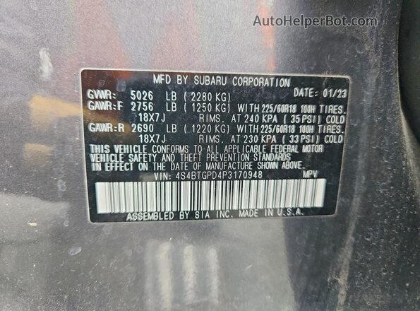 4S4BTGPD4P3170948 2023 SUBARU OUTBACK Gray Widok naklejki z numerem VIN