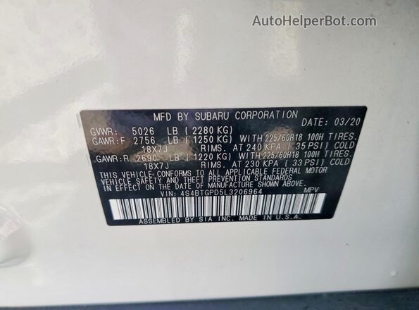 4S4BTGPD5L3206964 2020 SUBARU OUTBACK White 