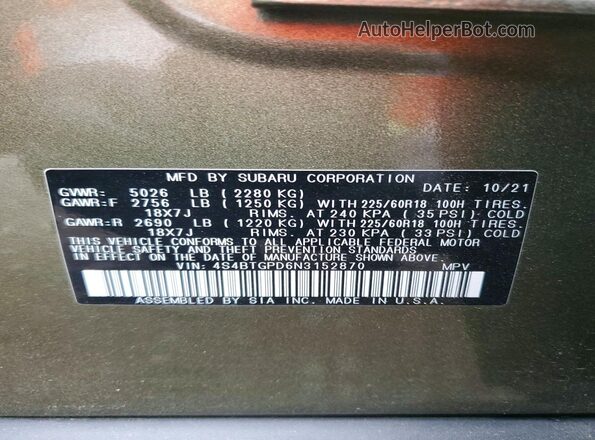 4S4BTGPD6N3152870 2022 SUBARU OUTBACK Tan Widok naklejki z numerem VIN