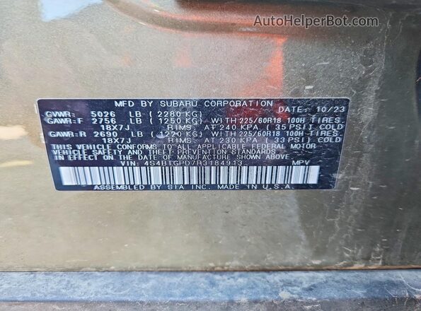 4S4BTGPD7R3184913 2024 SUBARU OUTBACK Green Vista de la etiqueta del VIN