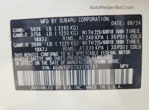 4S4BTGPD7S3136737 2025 SUBARU OUTBACK White Widok naklejki z numerem VIN