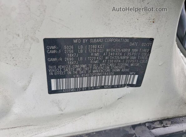 4S4BTGPD8M3184508 2021 SUBARU OUTBACK White Widok naklejki z numerem VIN