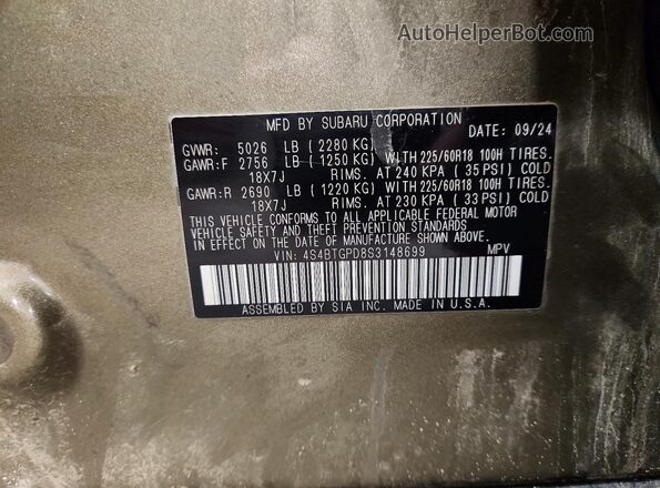 4S4BTGPD8S3148699 2025 SUBARU OUTBACK Green VIN կոդի պիտակի տեսք