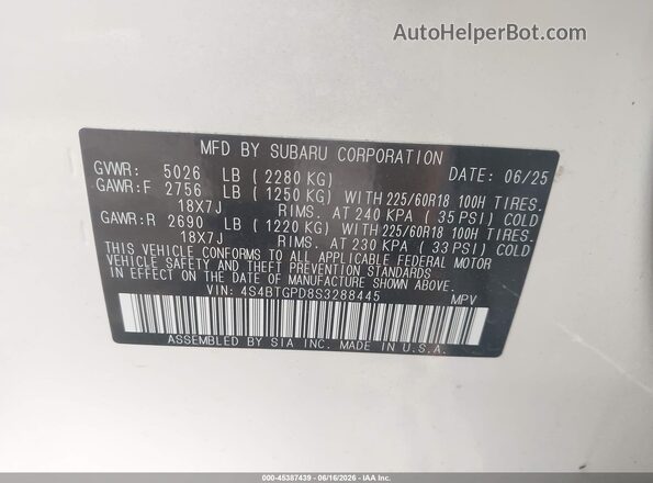 4S4BTGPD8S3288445 2025 SUBARU OUTBACK White Vista del compartimento del motor