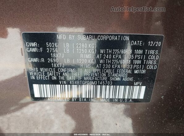 4S4BTGPD9M3145703 2021 SUBARU OUTBACK Brown Вид підкапотного простору