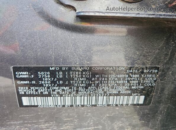 4S4BTGPDXL3235277 2020 SUBARU OUTBACK Серый Вид подкапотного пространства